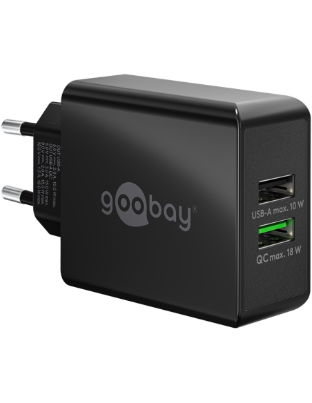 44956  Cargador  28W USB 2 puert.  USB-A Negro QC3.0 Salida Lateral Goobay