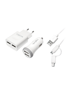PA0137 Juego de cargador USB, 1 cargador de coche y 1 cargador USB, 2 puertos Con cable  USB 2.0 a Micro USB y Mini USB