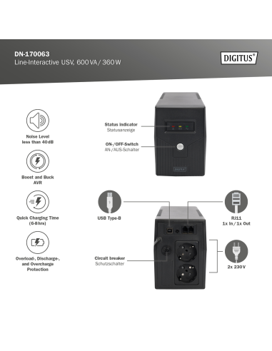 
DN-170063  DIGITUS Line-Interactive UPS, 600 VA/360 W