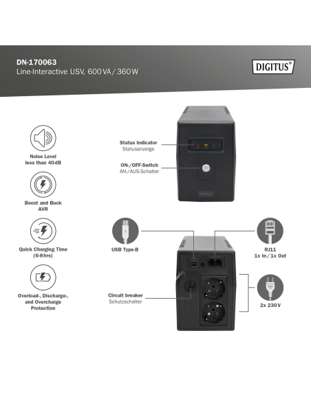 
DN-170063  DIGITUS Line-Interactive UPS, 600 VA/360 W