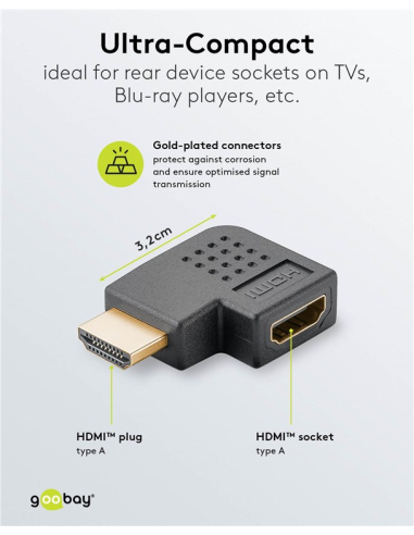 
65745 GOOBAY - Adaptador HDMI Hembra a HDMI Macho Codo 90°  Horizontal, 8K/60Hz Goobay