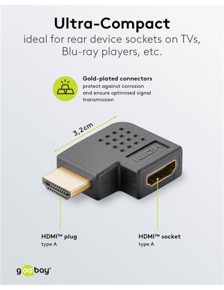 
65745 GOOBAY - Adaptador HDMI Hembra a HDMI Macho Codo 90°  Horizontal, 8K/60Hz Goobay