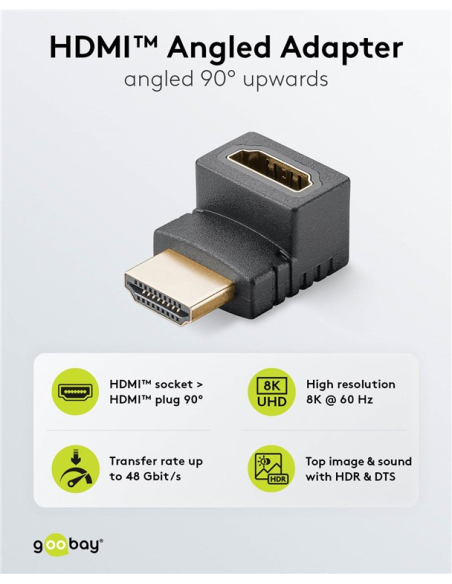 
65744 GOOBAY - Adaptador HDMI Hembra a HDMI Macho Codo 90°  Vertical, 8K/60Hz Goobay