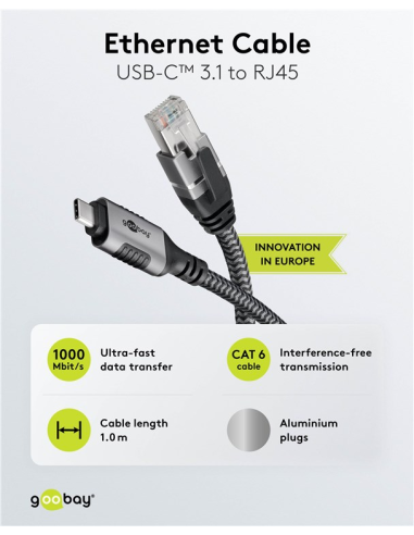 
70696 GOOBAY - USB-C 3.1 to RJ45 Ethernet Cable, 1 m