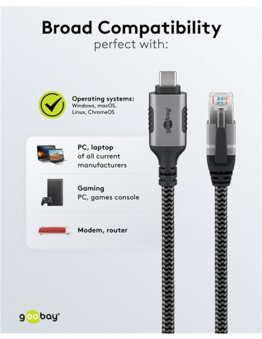 
70697 GOOBAY - USB-C 3.1 to RJ45 Ethernet Cable, 1.5 m