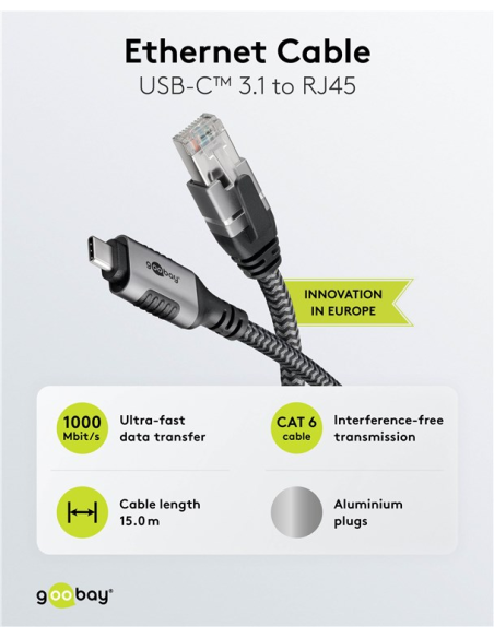
70755 GOOBAY - USB-C 3.1 to RJ45 Ethernet Cable, 15 m