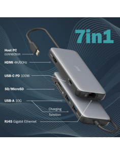 
 DA-70914  DIGITUS USB-C docking station, 7 Port 1x HDMI 2x USB 3.2 Gen 2, 1x RJ45, 1x SD,1x MicroSD, 1x PD 2