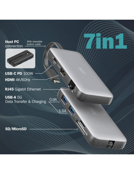 
DA-70916 DIGITUS - USB-C Travel Docking Station, 7 puertos 1xHDMI,2xUSB3.0,1xRJ45,1xSD,1xMicroSD,1xUSB-CPD