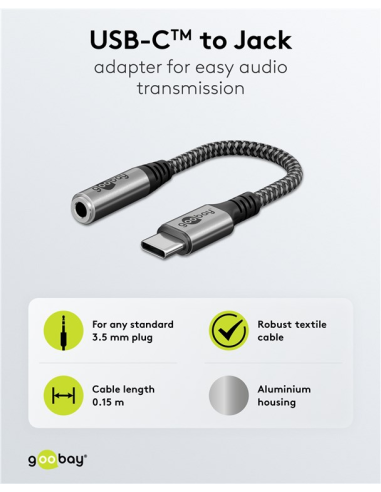 
74056 GOOBAY - Cable de Audio - USB-C Macho a 3,5 mm Hembra Cable textil Nylon