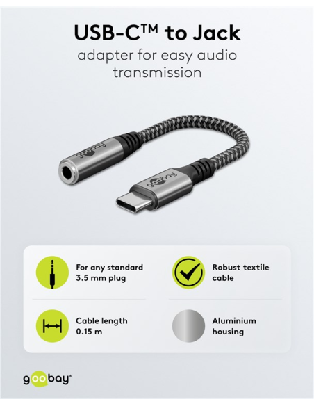 
74056 GOOBAY - Cable de Audio - USB-C Macho a 3,5 mm Hembra Cable textil Nylon