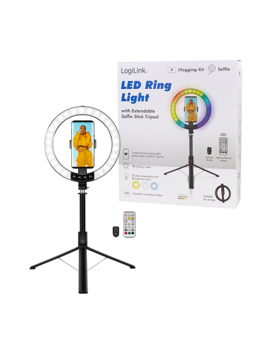 
AA0156 Anillo de luz para smartphone con trípode para selfies, obturador remoto, Ø 25 cm