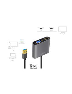 
UA0234 Adaptador USB A 3.0 Macho a HDMI Hembra  y VGA Hembra 0.15 metros  Aluminio Logilink