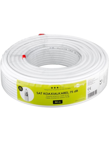 
49759 GOOBAY - Cable coaxial de satélite (75 dB, Doble apantallamiento, CCS, 50 m), Color Blanco