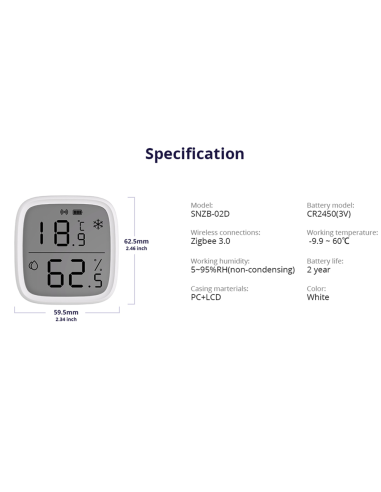 SONOFF SNZB-02D Zigbee LCD Sensor Inteligente de Temperatura y Humedad,Termómetro Higrometro Digital para Interior,Compatible A