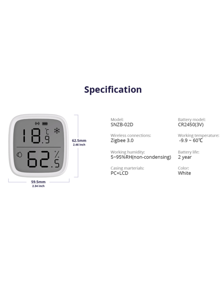 SONOFF SNZB-02D Zigbee LCD Sensor Inteligente de Temperatura y Humedad,Termómetro Higrometro Digital para Interior,Compatible A