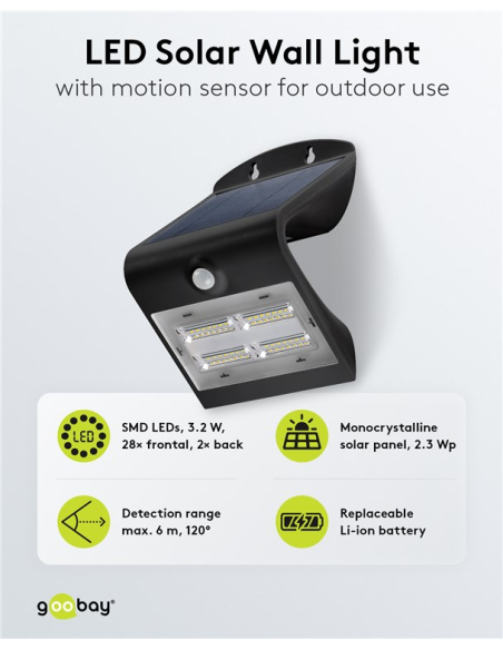 
45807 GOOBAY - Lámpara solar LED de pared con sensor de movimiento, 3,2 W, color negro