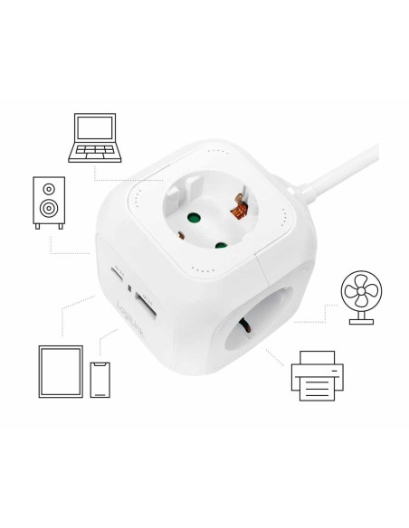 
LPS283U Regleta de  4 tomas Sobremesa + 2 USB, / 1x USB-A, 1x USB-C, 20W PD Formato Cubo Blanca Logilink