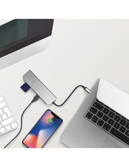 Dock multifunción 6 en 1 que incluye 1 puerto HDMI,1x USB-C PD 2.0, 1x USB-A 3.0, 1x USB-A 2.0, 1x SD card slot, 1x microSD car