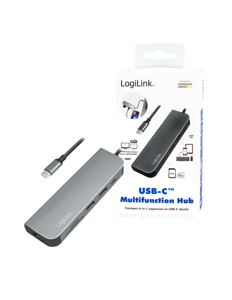 Dock multifunción 6 en 1 que incluye 1 puerto HDMI,1x USB-C PD 2.0, 1x USB-A 3.0, 1x USB-A 2.0, 1x SD card slot, 1x microSD car