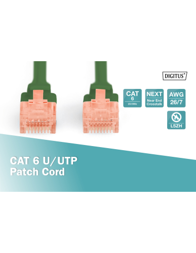 
DK-1617-0025/G -  DIGITUS Cable de conexión U-UTP CAT 6, cobre, LSZH AWG 26/7, longitud 0,25 m, color verde. Optimiza el rend