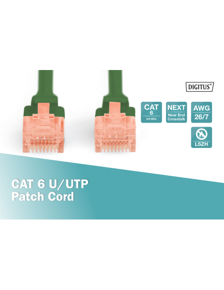 
DK-1617-0025/G -  DIGITUS Cable de conexión U-UTP CAT 6, cobre, LSZH AWG 26/7, longitud 0,25 m, color verde. Optimiza el rend