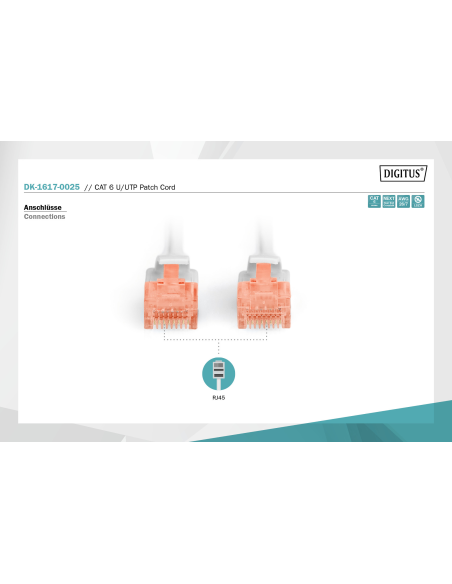
DIGITUS - DK-1617-0025 -  Latiguillo CAT 6 U-UTP, Cobre, LSZH (Libre de Halógenos), 
AWG calibre del alambre 26/7, longitud 
