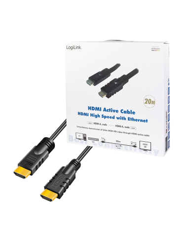 
Cable HDMI A-A 20 metros Negro 4K 30Hz Activo Amplificado Logilink Caja retail Carton