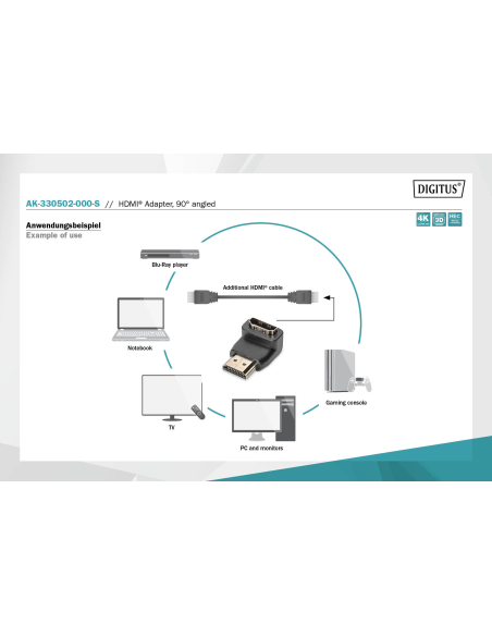 
AK-330502-000-S DIGITUS - Adaptador HDMI Hembra a HDMI Macho Codo 270°  Vertical, 4K/60Hz Digitus
