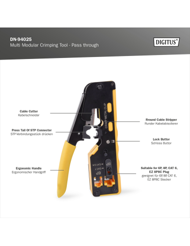 
Digitus DN-94025 Crimpadora para conectores Multi Modular Crimping Tool Pass through Suitable for 6P,8P, CAT 6, EZ 8P8C Plug
