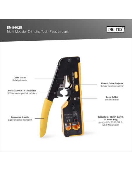 
Digitus DN-94025 Crimpadora para conectores Multi Modular Crimping Tool Pass through Suitable for 6P,8P, CAT 6, EZ 8P8C Plug