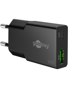 
75729 Cargador  20W USB 2 puert. USB-C PD x , USB-A QC 1 GaN Dual Fast Charger Slim Negro Goobay
