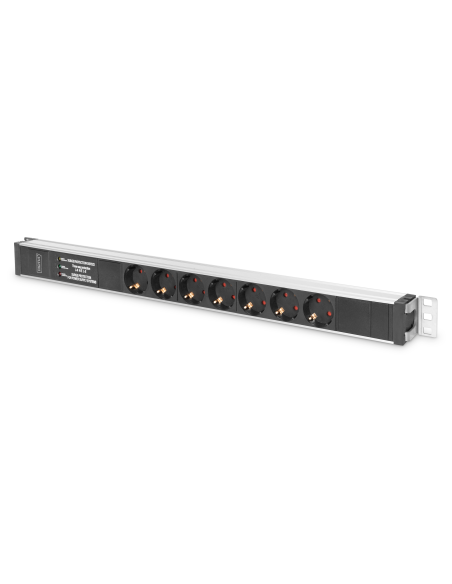 
Regleta Aluminio Rack 19"  7 Schuko, Entrada Schuko CEE 7/7 16A 2m 1U  Proteccion Sobretensiones DIGITUS
