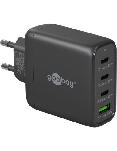 
64819 Cargador  68W USB 4 puert. 3 x USB-C 1 x USB-A Negro GAN PD QC3.0 Salida Lateral Goobay