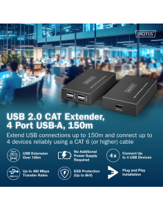 
DIGITUS DA-73120 Extensor USB 2.0, 4 puertos USB-A, 150 m Para uso con cable CAT 6 (o superior) Digitus 2