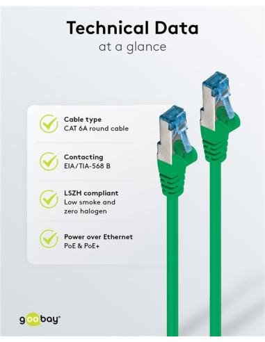 
94142 Latiguillo CAT 6A, S/FTP, 20.00 m, Verde, LSZH Goobay