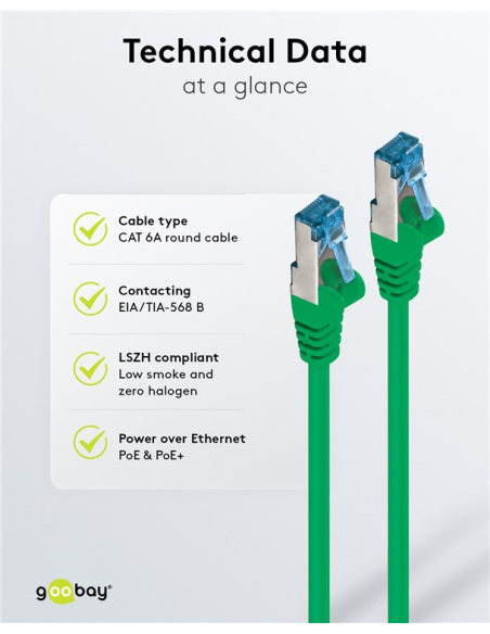 
94142 Latiguillo CAT 6A, S/FTP, 20.00 m, Verde, LSZH Goobay