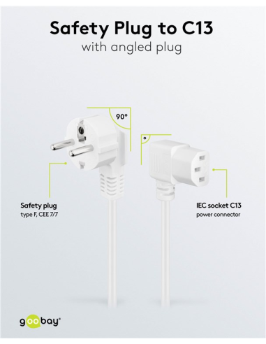 
95424 Cable Alimentacion CEE-7/7 90º SCHUKO a C13 90º 2m Blanco (3*0.75 mm²)  10A Goobay (Bolsa de colgar)