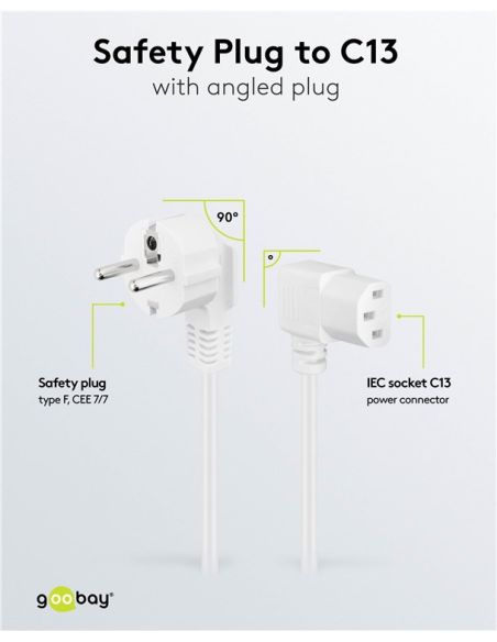 
95424 Cable Alimentacion CEE-7/7 90º SCHUKO a C13 90º 2m Blanco (3*0.75 mm²)  10A Goobay (Bolsa de colgar)