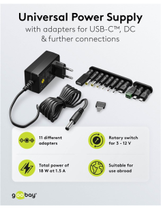 
64569 Alimentador Universal 3-12V 18W 1,5A  7 Conectores DC y USB-A, USB Mini-B, Micro-USB  Goobay 2