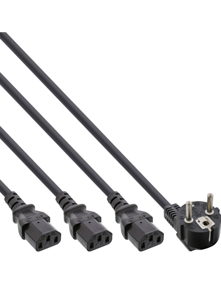 
16657H Cable Alimentacion CEE-7/7 90º SCHUKO a C13x3  3,00m Negro InLine