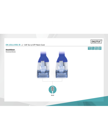 CAT 5e U-UTP patch cord, Cu, PVC AWG 26/7, length 5 m, color blue