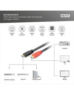 
AK-330118-150-S DIGITUS - Cable de conexión HDMI High Speed, tipo A, con amp. Macho/macho, 15,0 m, Ultra HD 24p, CE, dorado, 