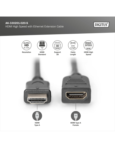 
AK-330201-020-S DIGITUS - Cable de extensión HDMI, type A MACHO/HEMBRA, 2.0m, m/Ethernet, Ultra HD 24p, gold, bl