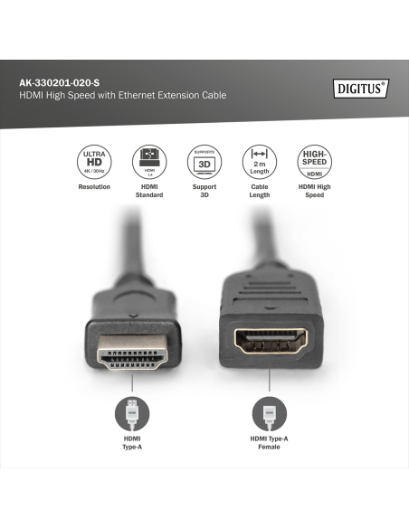 
AK-330201-020-S DIGITUS - Cable de extensión HDMI, type A MACHO/HEMBRA, 2.0m, m/Ethernet, Ultra HD 24p, gold, bl