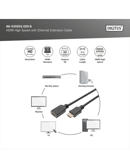 
AK-330201-020-S DIGITUS - Cable de extensión HDMI, type A MACHO/HEMBRA, 2.0m, m/Ethernet, Ultra HD 24p, gold, bl