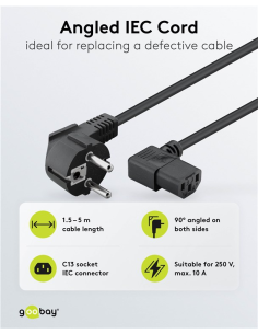 
Goobay 59568 Cable Alimentacion CEE-7/7 90º SCHUKO a C13 90º 1.80m Negro (3*0.75 mm²)  10A Goobay (Bolsa de colgar) 2