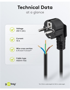 
Goobay 96033 Cable Alimentacion CEE-7/7 90º SCHUKO a Ext. pelado 2,00m Negro 10A H05-VV-F3G  3 x  1 mm²