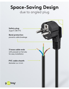 
Goobay 96033 Cable Alimentacion CEE-7/7 90º SCHUKO a Ext. pelado 2,00m Negro 10A H05-VV-F3G  3 x  1 mm² 2