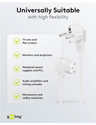 
Goobay 96043 Cable Alimentacion CEE-7/7 90º SCHUKO a C13 90º 1.50m Blanco 10A H05-VV-F3G  (3*0.75 mm²)  Goobay