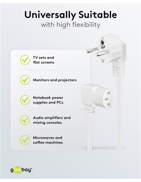 
Goobay 96043 Cable Alimentacion CEE-7/7 90º SCHUKO a C13 90º 1.50m Blanco 10A H05-VV-F3G  (3*0.75 mm²)  Goobay